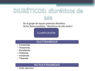 Es el grupo de mayor potencia diurética.
Se les llama también: “diuréticos de alto techo”.

             CLASIFICACIÓN
 