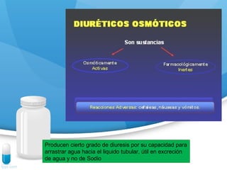 Producen cierto grado de diuresis por su capacidad para
arrastrar agua hacia el liquido tubular, útil en excreción
de agua y no de Sodio
 
