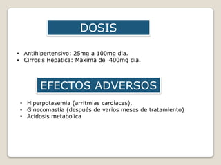 • Antihipertensivo: 25mg a 100mg dia.
• Cirrosis Hepatica: Maxima de 400mg dia.
DOSIS
DOSIS
• Hiperpotasemia (arritmias cardíacas),
• Ginecomastia (después de varios meses de tratamiento)
• Acidosis metabolica
EFECTOS ADVERSOS
 