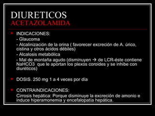 DIURETICOS 
ACETAZOLAMIDA 
 INDICACIONES: 
- Glaucoma 
- Alcalinización de la orina ( favorecer excreción de A. úrico, 
cistina y otros ácidos débiles) 
- Alcalosis metabólica 
- Mal de montaña agudo (disminuyen  de LCR-éste contiene 
NaHCO3 que le aportan los plexos coroides y se inhibe con 
diuréticos) 
 DOSIS. 250 mg 1 a 4 veces por día 
 CONTRAINDICACIONES: 
Cirrosis hepática: Porque disminuye la excreción de amonio e 
induce hiperamonemia y encefalopatía hepática. 
 