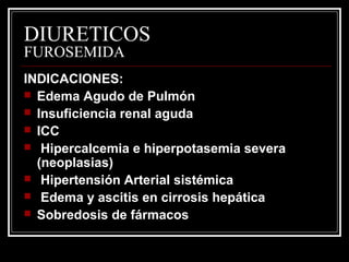 DIURETICOS 
FUROSEMIDA 
IINNDDIICCAACCIIOONNEESS:: 
 EEddeemmaa AAgguuddoo ddee PPuullmmóónn 
 IInnssuuffiicciieenncciiaa rreennaall aagguuddaa 
 IICCCC 
 HHiippeerrccaallcceemmiiaa ee hhiippeerrppoottaasseemmiiaa sseevveerraa 
((nneeooppllaassiiaass)) 
 HHiippeerrtteennssiióónn AArrtteerriiaall ssiissttéémmiiccaa 
 EEddeemmaa yy aasscciittiiss eenn cciirrrroossiiss hheeppááttiiccaa 
 SSoobbrreeddoossiiss ddee ffáárrmmaaccooss 
 
