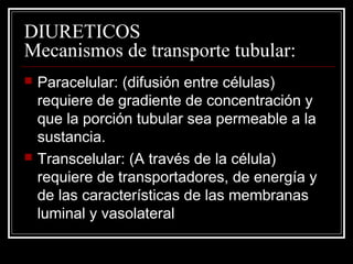 DIURETICOS 
Mecanismos de transporte tubular: 
 Paracelular: (difusión entre células) 
requiere de gradiente de concentración y 
que la porción tubular sea permeable a la 
sustancia. 
 Transcelular: (A través de la célula) 
requiere de transportadores, de energía y 
de las características de las membranas 
luminal y vasolateral 
 