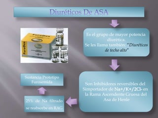 Es el grupo de mayor potencia
diurética.
Se les llama también: “Diuréticos
de techo alto”
Son Inhibidores reversibles del
Simportador de Na+/K+/2Cl- en
la Rama Ascendente Gruesa del
Asa de Henle25% de Na filtrado
se reabsorbe en RAG
Sustancia Prototipo
Furosemida
 