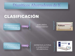 BLOQUEADORES
DE CANALES DE Na
AMILORIDA
TRIAMTERENO
ANTAGONISTAS DE
LA ALDOSTERONA
ESPIRONOLACTONA
CANREONATO
EPLERENONA
 