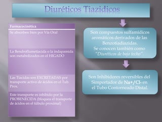Son compuestos sulfamídicos
aromáticos derivados de las
Benzotiadiazidas.
Se conocen también como
“Diuréticos de bajo techo”.
Son Inhibidores reversibles del
Simportador de Na+/Cl- en
el Tubo Contorneado Distal.
Farmacocinética
Se absorben bien por Vía Oral
La Bendroflumetiacida o la indapamida
son metabolizados en el HIGADO
Las Tiacidas son EXCRETADAS por
transporte activo de ácidos en el Tub.
Prox.
Este transporte es inhibido por la
PROBENECIDA (bloquea el transporte
de ácidos en el túbulo proximal)
 