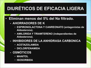 • Eliminan menos del 5% del Na filtrado.
- AHORRADORES DE K
• ESPIRONOLACTONA Y CANREONATO (antagonistas de
Aldosterona).
• AMILORIDA Y TRIAMTERENO (independientes de
Aldosterona).
- INHIBIDORES DE LA ANHIDRASA CARBONICA
• ACETAZOLAMIDA
• DICLORFENAMIDA
- OSMÓTICOS
• MANITOL
• ISOSORBIDA
DIURÉTICOS DE EFICACIA LIGERA
 