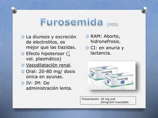 O La diuresis y excreción
de electrolitos, es
mejor que las tiazidas.
O Efecto hipotensor (
vol. plasmático)
O Vasodilatación renal.
O Oral: 20-80 mg/ dosis
única en ayunas.
O IV- IM: De
administración lenta.
O RAM: Aborto,
hidronefrosis.
O CI: en anuria y
lactancia.
Presentación: 40 mg oral
20mg/2ml inyectable.
 