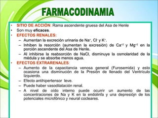 SITIO DE ACCIÓN :  Rama ascendente gruesa del Asa de Henle Son muy  eficaces . EFECTOS RENALES: Aumentan la excreción urinaria de Na + , Cl -  y K + . Inhiben la resorción (aumentan la excresión) de Ca +2  y Mg +2  en la porción ascendente del Asa de Henle. Al inhibirse la reabsorción de NaCl, disminuye la osmolaridad de la médula y se absorbe menos agua. EFECTOS EXTRARENALES : Aumento de la capacitancia venosa general (Furosemida) y esto ocasiona una disminución de la Presión de llenado del Ventrículo Izquierdo. Efecto antihipertensor  leve. Puede haber vasodilatación renal. A nivel de oído interno puede ocurrir un aumento de las concentraciones de Na y K en la endolinfa y una depresiójn de los potenciales microfónico y neural cocleares. FARMACODINAMIA 