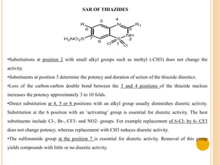 SAR OF THIAZIDES
•Substitutions at position 2 with small alkyl groups such as methyl (-CH3) does not change the
activity.
•Substituents at position 3 determine the potency and duration of action of the thiazide diuretics.
•Loss of the carbon-carbon double bond between the 3 and 4 positions of the thiazide nucleus
increases the potency approximately 3 to 10 folds.
•Direct substitution at 4, 5 or 8 positions with an alkyl group usually diminishes diuretic activity.
Substitution at the 6 position with an ‘activating’ group is essential for diuretic activity. The best
substituents include Cl-, Br-, CF3- and NO2- groups. For example replacement of 6-Cl- by 6- CF3
does not change potency, whereas replacement with CH3 reduces diuretic activity.
•The sulfonamide group at the position 7 is essential for diuretic activity. Removal of this group
yields compounds with little or no diuretic activity.
 