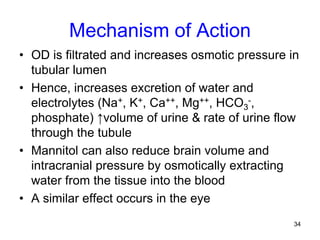 34
Mechanism of Action
• OD is filtrated and increases osmotic pressure in
tubular lumen
• Hence, increases excretion of w...