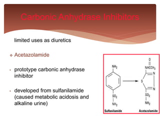 limited uses as diuretics
 Acetazolamide
• prototype carbonic anhydrase
inhibitor
• developed from sulfanilamide
(caused metabolic acidosis and
alkaline urine)
Carbonic Anhydrase Inhibitors
 