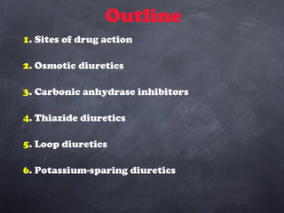 Outline
1. Sites of drug action
2. Osmotic diuretics
3. Carbonic anhydrase inhibitors
4. Thiazide diuretics
5. Loop diuretics
6. Potassium-sparing diuretics
 