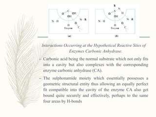 Interactions Occurring at the Hypothetical Reactive Sites of
Enzymes Carbonic Anhydrase.
– Carbonic acid being the normal substrate which not only fits
into a cavity but also complexes with the corresponding
enzyme carbonic anhydrase (CA).
– The sulphonamide moiety which essentially possesses a
geometric structural entity thus allowing an equally perfect
fit compatible into the cavity of the enzyme CA also get
bound quite securely and effectively, perhaps to the same
four areas by H-bonds
 
