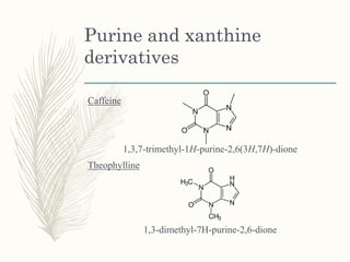 Purine and xanthine
derivatives
Caffeine
1,3,7-trimethyl-1H-purine-2,6(3H,7H)-dione
Theophylline
1,3-dimethyl-7H-purine-2,6-dione
 