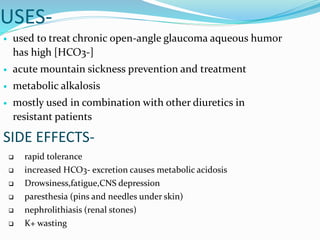 USES-
 used to treat chronic open-angle glaucoma aqueous humor
has high [HCO3-]
 acute mountain sickness prevention and treatment
 metabolic alkalosis
 mostly used in combination with other diuretics in
resistant patients
SIDE EFFECTS-
 rapid tolerance
 increased HCO3- excretion causes metabolic acidosis
 Drowsiness,fatigue,CNS depression
 paresthesia (pins and needles under skin)
 nephrolithiasis (renal stones)
 K+ wasting
 