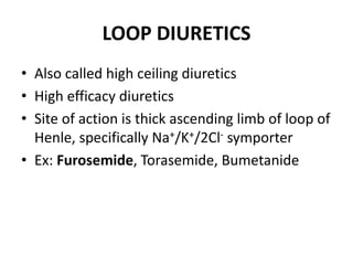 LOOP DIURETICS
• Also called high ceiling diuretics
• High efficacy diuretics
• Site of action is thick ascending limb of loop of
Henle, specifically Na+/K+/2Cl- symporter
• Ex: Furosemide, Torasemide, Bumetanide
 