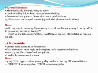 Pharmacokinetics:-
• Absorbed orally, Bioavailability 60-100%.
• Lipid solubility is low, Food reduces bioavailability.
• Excreted within 4 hours. Onset of action is quick & short.
• 50% excreted unchanged, rest conjugated with glucuronide in kidney.
Dose:-
20-80 mg once in morning. Upto 200mg in renal insufficiency every 6 hrs by IM/IV.
In pulmonary edema 40-80 mg IV.
→LASIX 40 mg tab., 20 mg/2ml inj., SALINEX 40 mg tab., FRUSENEX 40 mg, 100
mg tab.
2) Torsemide
• 3 times more potent than furosemide.
• Oral absorption more rapid and complete. 80% metabolized in liver.
• t1/2= 3.5 hrs. Duration of action= 4-8 hrs.
• Used in hypertension & edema.
Dose:-
2.5 mg OD in hypertension, 5-20 mg/day in edema, 100 mg BD in renal failure.
→DIURETOR 10,20 mg tabs., DYTOR 10,20,100 mg tabs.
 