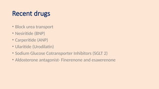 Recent drugs
• Block urea transport
• Nesiritide (BNP)
• Carperitide (ANP)
• Ularitide (Urodilatin)
• Sodium Glucose Cotransporter Inhibitors (SGLT 2)
• Aldosterone antagonist- Finerenone and esaxerenone
 