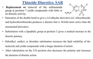 • Replacement or removal of the sulfonamide
group at position 7 yields compounds with little or
no diuretic activity.
• Saturation of the double bond to give a 3,4-dihydro derivative (cf. chlorothiazide
and hydrochlorothiazide) produces a diuretic that is 10-fold more active than the
unsaturated derivative.
• Substitution with a lipophilic group at position 3 gives a marked increase in the
diuretic potency.
• Haloalkyl, aralkyl, or thioether substitution increases the lipid solubility of the
molecule and yields compounds with a longer duration of action.
• Alkyl substitution on the 2-N position also decreases the polarity and increases
the duration of diuretic action.
Thiazide Diuretics: SAR
 