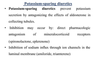 • Potassium-sparing diuretics prevent potassium
secretion by antagonizing the effects of aldosterone in
collecting tubules.
• Inhibition
antagonism
may occur by: direct pharmacologic
of mineralocorticoid receptors
(spironolactone, eplerenone)
• Inhibition of sodium influx through ion channels in the
luminal membrane (amiloride, triamterene)
Potassium-sparing diuretics
 