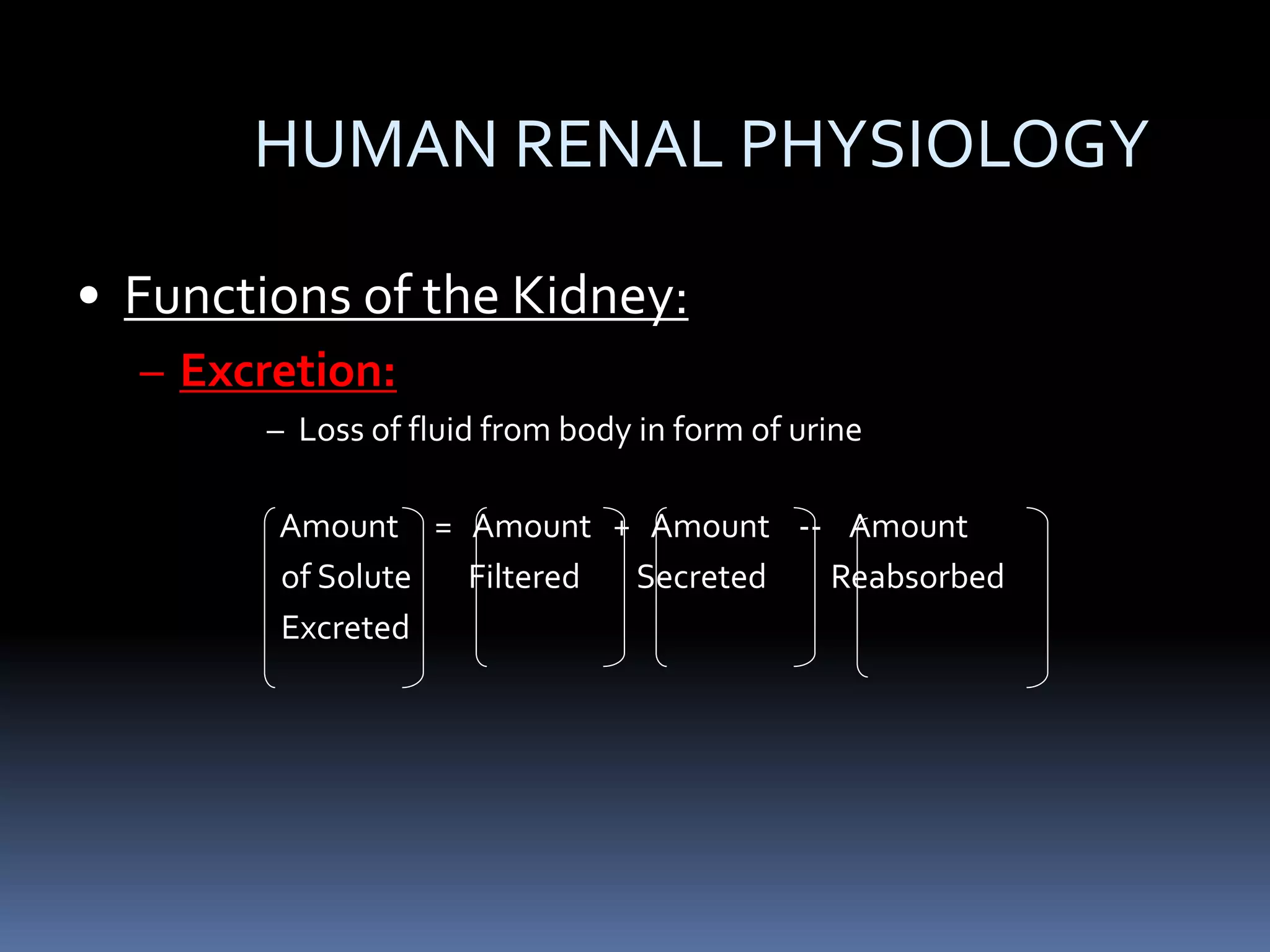 HUMAN RENAL PHYSIOLOGY
• Functions of the Kidney:
– Excretion:
– Loss of fluid from body in form of urine
Amount = Amount + Amount -- Amount
of Solute Filtered Secreted Reabsorbed
Excreted
 