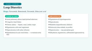 CLASS 2 · CLINICAL
Loop Diuretics
Drugs: Furosemide, Bumetanide, Torsemide, Ethacrynic acid
CLINICAL USES
✦Acute pulmonary edema (rapid preload reduction)
✦Congestive heart failure
✦Chronic edema — hepatic, renal, cardiac origin
✦Hypertension with renal impairment
✦Hypercalcemia (with saline infusion)
✦Hyperkalemia & acute renal failure — to maintain urine
flow
SIDE EFFECTS
✦Hypokalemia & hypomagnesemia
✦Hypocalcemia
✦Metabolic (hypochloremic) alkalosis
✦Ototoxicity (dose-related, reversible)
✦Hyperuricemia — may precipitate gout
✦Dehydration, hypotension; sulfonamide hypersensitivity
 