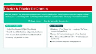 CLASS 3
Thiazide & Thiazide-like Diuretics
Thiazide diuretics are moderately potent diuretics that act on the distal convoluted tubule by blocking the sodium–
chloride (Na⁺–Cl⁻) cotransporter, increasing sodium and water excretion while enhancing calcium reabsorption.
Moderate potency — first-line agents for hypertension
PROTOTYPE DRUGS
✦Hydrochlorothiazide (HCTZ), Chlorothiazide
✦Thiazide-like: Chlorthalidone, Indapamide, Metolazone
✦Site of action: Early Distal Convoluted Tubule (DCT)
✦Oral only; long duration of action
KEY FEATURES
✦Block only ~5% of filtered Na⁺ — moderate, “flat” dose-
response (ceiling effect)
✦Increase Ca²⁺ reabsorption (opposite of loop diuretics)
✦Lose efficacy when GFR falls below ~30 mL/min (except
metolazone)
✦Widely combined with other antihypertensives
 