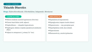 CLASS 3 · CLINICAL
Thiazide Diuretics
Drugs: Hydrochlorothiazide, Chlorthalidone, Indapamide, Metolazone
CLINICAL USES
✦Mild-to-moderate essential hypertension (first-line)
✦Chronic heart failure (mild, adjunct)
✦Nephrolithiasis — idiopathic hypercalciuria
✦Nephrogenic diabetes insipidus (paradoxical antidiuretic
effect)
✦Adjunct in osteoporosis (↓ urinary Ca²⁺ loss)
SIDE EFFECTS
✦Hypokalemia & hyponatremia
✦Hyperglycemia (impairs insulin release)
✦Hyperuricemia — may precipitate gout
✦Hyperlipidemia (mild, dose-related)
✦Hypercalcemia
✦Photosensitivity; erectile dysfunction
 