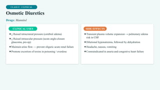 CLASS 5 · CLINICAL
Osmotic Diuretics
Drugs: Mannitol
CLINICAL USES
✦↓ Raised intracranial pressure (cerebral edema)
✦↓ Raised intraocular pressure (acute angle-closure
glaucoma, pre-op)
✦Maintain urine flow — prevent oliguric acute renal failure
✦Promote excretion of toxins in poisoning / overdose
SIDE EFFECTS
✦Transient plasma volume expansion → pulmonary edema
risk in CHF
✦Dilutional hyponatremia, followed by dehydration
✦Headache, nausea, vomiting
✦Contraindicated in anuria and congestive heart failure
 