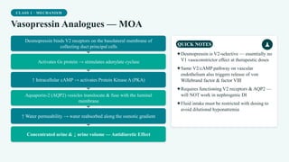 CLASS 1 · MECHANISM
Vasopressin Analogues — MOA
Desmopressin binds V2 receptors on the basolateral membrane of
collecting duct principal cells
Activates Gs protein → stimulates adenylate cyclase
↑ Intracellular cAMP → activates Protein Kinase A (PKA)
Aquaporin-2 (AQP2) vesicles translocate & fuse with the luminal
membrane
↑ Water permeability → water reabsorbed along the osmotic gradient
Concentrated urine & ↓ urine volume — Antidiuretic Effect
QUICK NOTES
✦Desmopressin is V2-selective — essentially no
V1 vasoconstrictor effect at therapeutic doses
✦Same V2/cAMP pathway on vascular
endothelium also triggers release of von
Willebrand factor & factor VIII
✦Requires functioning V2 receptors & AQP2 —
will NOT work in nephrogenic DI
✦Fluid intake must be restricted with dosing to
avoid dilutional hyponatremia
 