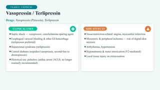 CLASS 2 · CLINICAL
Vasopressin / Terlipressin
Drugs: Vasopressin (Pitressin), Terlipressin
CLINICAL USES
✦Septic shock — vasopressor, catecholamine-sparing agent
✦Esophageal variceal bleeding & other GI hemorrhage
(terlipressin preferred)
✦Hepatorenal syndrome (terlipressin)
✦Central diabetes insipidus (vasopressin, second-line to
desmopressin)
✦Historical use: pulseless cardiac arrest (ACLS, no longer
routinely recommended)
SIDE EFFECTS
✦Vasoconstriction-related: angina, myocardial infarction
✦Mesenteric & peripheral ischemia — risk of digital/skin
necrosis
✦Arrhythmias, hypertension
✦Hyponatremia & water intoxication (V2-mediated)
✦Local tissue injury on extravasation
 