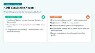 CLASS 6 · CLINICAL
ADH-Sensitizing Agents
Drugs: Chlorpropamide, Carbamazepine, Clofibrate
CLINICAL USES
✦Partial central diabetes insipidus (historical alternative to
desmopressin)
✦Occasionally used when desmopressin is unavailable or not
tolerated
✦Chlorpropamide also treats type 2 diabetes mellitus (dual-
purpose historically)
SIDE EFFECTS
✦Hypoglycemia (chlorpropamide — sulfonylurea action)
✦Hyponatremia / SIADH-like water retention
✦Hepatotoxicity, blood dyscrasias (chlorpropamide)
✦Carbamazepine: sedation, ataxia, hepatic enzyme induction,
blood dyscrasias
✦Largely replaced due to this unfavourable side-effect
profile
 