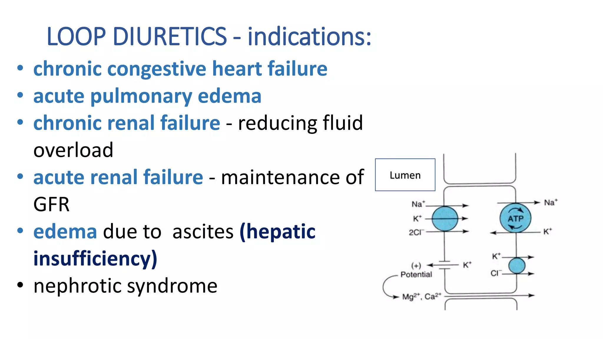 LOOP DIURETICS - indications:
• chronic congestive heart failure
• acute pulmonary edema
• chronic renal failure - reducing fluid
overload
• acute renal failure - maintenance of
GFR
• edema due to ascites (hepatic
insufficiency)
• nephrotic syndrome
Lumen
 
