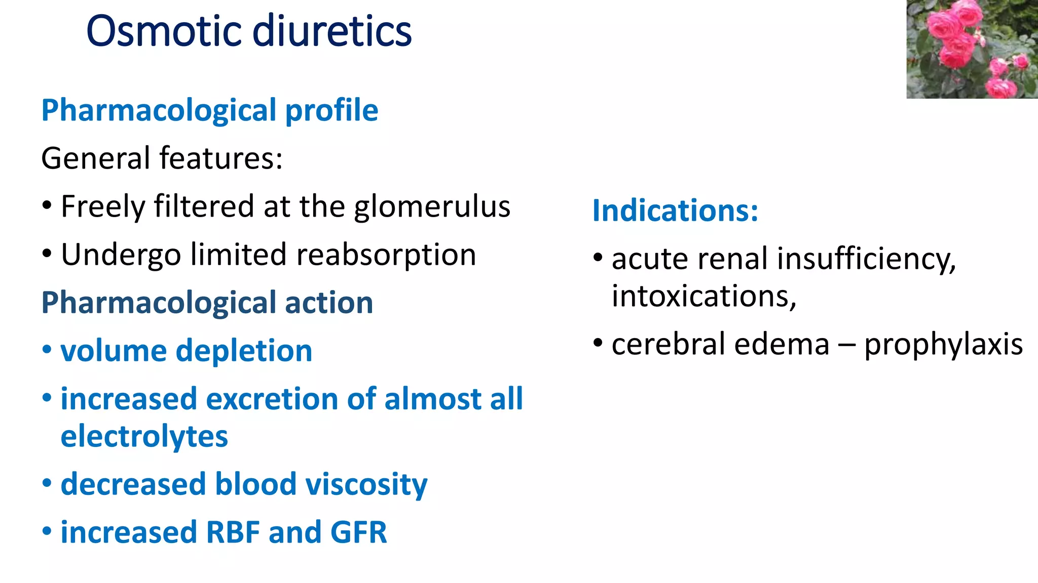 Osmotic diuretics
Pharmacological profile
General features:
• Freely filtered at the glomerulus
• Undergo limited reabsorption
Pharmacological action
• volume depletion
• increased excretion of almost all
electrolytes
• decreased blood viscosity
• increased RBF and GFR
Indications:
• acute renal insufficiency,
intoxications,
• cerebral edema – prophylaxis
 