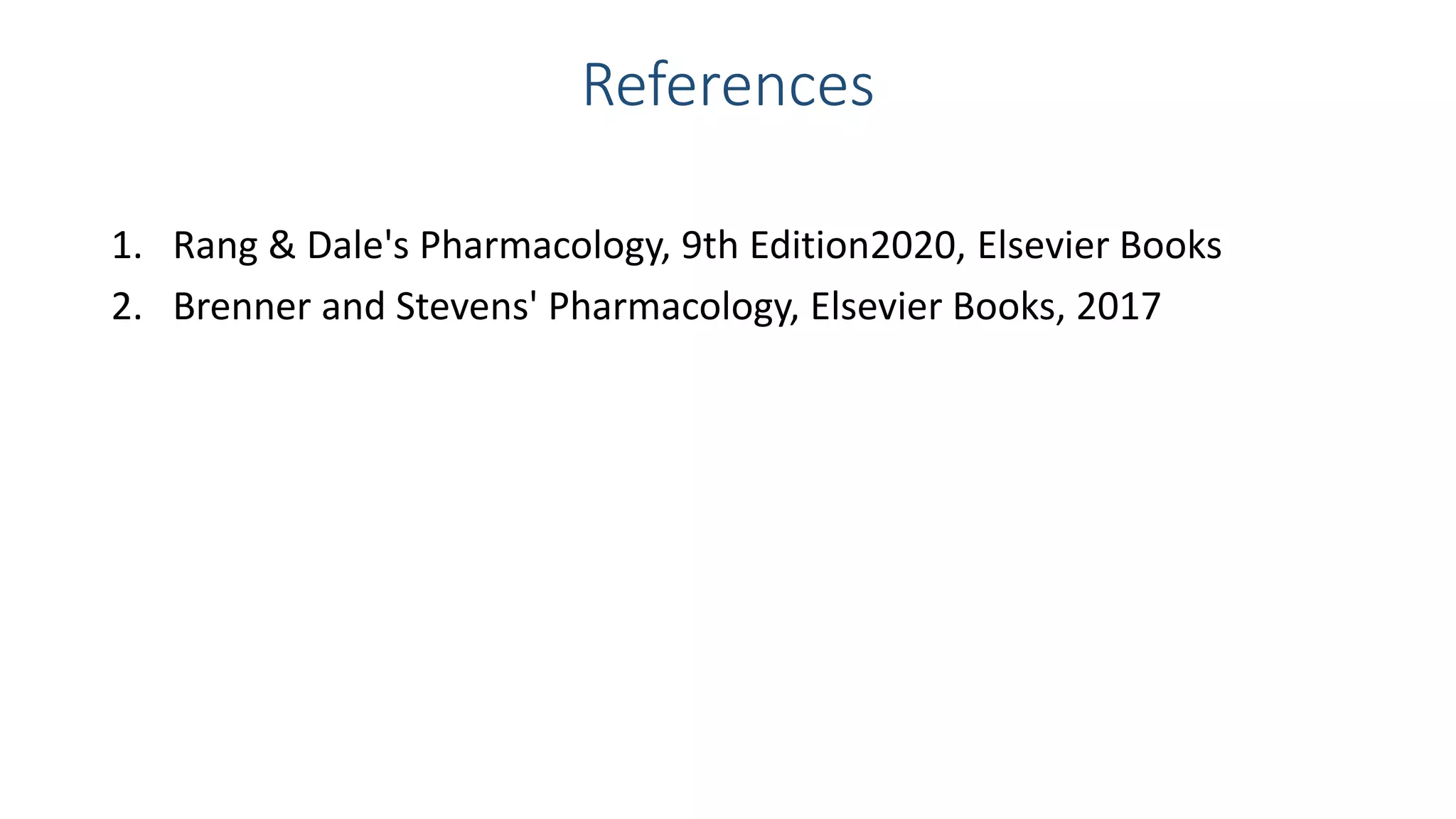 References
1. Rang & Dale's Pharmacology, 9th Edition2020, Elsevier Books
2. Brenner and Stevens' Pharmacology, Elsevier Books, 2017
 