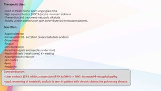 Therapeutic Uses:
-Used to treat chronic open-angle glaucoma
-High aqueous humor [HCO3-] acute mountain sickness
- Prevention and treatment metabolic alkalosis
-Mostly used in combination with other diuretics in resistant patients.
Side Effects:
-Rapid tolerance
-Increased HCO3- excretion causes metabolic acidosis
-Drowsiness
-Fatigue
-CNS depression
-Paresthesia (pins and needles under skin)
-Nephrolithiasis (renal stones) K+ wasting
-hypersensitivity reaction
-skin rashes
-fever
-headache
Contraindication:
- Liver cirrhosis (CA-I inhibits conversion of NH to NH4) -> NH3 increased encephalopathy
-copd: worsening of metabolic acidosis is seen in patient with chronic obstructive pulmonary disease.
 