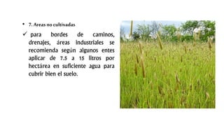 • 7. Areas no cultivadas
 para bordes de caminos,
drenajes, áreas industriales se
recomienda según algunos entes
aplicar de 7.5 a 15 litros por
hectárea en suficiente agua para
cubrir bien el suelo.
 