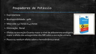 Poupadores de Potássio


Espirolactona



Biodisponibilidade : 90%



Meia vida: 3,2 horas e 4,3 horas



Eliminação: Renal



Efeitos na excreção:Quanto maior o nível de aldosterona endógena,
maior o efeito dos antagonistas dos MR sobre a excreção urinaria.



Pouco ou nenhum efeito sobre a hemodinâmica renal.

 