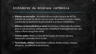 Inibidores da Anidrase carbônica


Efeitos na excreção : Aumento da excreção urinaria de HCO3inibição do acido titulável e da secreção de amônia no tubo coletor,
resultando no aumento do pH urinário e acidose metabólica.



Efeitos na hemodinâmica renal:Aumentam a liberação de solutos
para a macula densa, deflagrando o feedback tubuloglomerular, que
reduz o fluxo sanguíneo renal.



Outras ações: Reduz a taxa de formação do humor aquoso,
reduzindo a pressão intra-ocular.



Toxicidade, efeitos : toxicidade cutânea, lesões renais, reações
alérgicas, sonolência e parestesias.

 