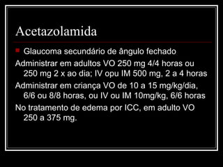 Acetazolamida 
 Glaucoma secundário de ângulo fechado 
Administrar em adultos VO 250 mg 4/4 horas ou 
250 mg 2 x ao dia; IV opu IM 500 mg, 2 a 4 horas 
Administrar em criança VO de 10 a 15 mg/kg/dia, 
6/6 ou 8/8 horas, ou IV ou IM 10mg/kg, 6/6 horas 
No tratamento de edema por ICC, em adulto VO 
250 a 375 mg. 
 