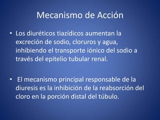 Mecanismo de Acción 
• Los diuréticos tiazídicos aumentan la 
excreción de sodio, cloruros y agua, 
inhibiendo el transporte iónico del sodio a 
través del epitelio tubular renal. 
• El mecanismo principal responsable de la 
diuresis es la inhibición de la reabsorción del 
cloro en la porción distal del túbulo. 
 