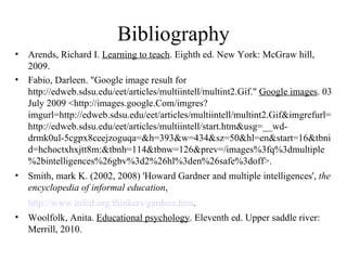 Bibliography Arends, Richard I.  Learning to teach . Eighth ed. New York: McGraw hill, 2009. Fabio, Darleen. "Google image result for http://edweb.sdsu.edu/eet/articles/multiintell/multint2.Gif."  Google images . 03 July 2009 <http://images.google.Com/imgres?imgurl=http://edweb.sdsu.edu/eet/articles/multiintell/multint2.Gif&imgrefurl=http://edweb.sdsu.edu/eet/articles/multiintell/start.htm&usg=__wd-drmk0ul-5cgpx8ceejzoguqa=&h=393&w=434&sz=50&hl=en&start=16&tbnid=hchoctxhxjtt8m:&tbnh=114&tbnw=126&prev=/images%3fq%3dmultiple%2bintelligences%26gbv%3d2%26hl%3den%26safe%3doff>. Smith, mark K. (2002, 2008) 'Howard Gardner and multiple intelligences',  the encyclopedia of informal education ,  http://www.infed.org/thinkers/gardner.htm .   Woolfolk, Anita.  Educational psychology . Eleventh ed. Upper saddle river: Merrill, 2010. 