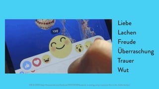 Liebe
Lachen
Freude
Überraschung
Trauer
Wut
(08.10.2015) http://thenextweb.com/facebook/2015/10/08/facebook-is-testing-emoji-reactions-this-is-the-dislike-button/
 