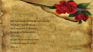 Mas tudo se transforma em esquecimento!
Até mesmo as lembranças...
vão fraquejando lentamente,
tornando-se transparentes...
diferentes...
até que não as reconheço mais.
E então fico mais só ainda!
Mais só...
Ciducha
 