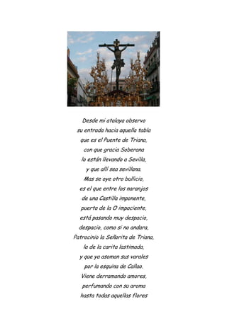 Desde mi atalaya observo
su entrada hacia aquella tabla
que es el Puente de Triana,
con que gracia Soberana
lo están llevando a Sevilla,
y que allí sea sevillana.
Mas se oye otro bullicio,
es el que entre los naranjos
de una Castilla imponente,
puerta de la O impaciente,
está pasando muy despacio,
despacio, como si no andara,
Patrocinio la Señorita de Triana,
la de la carita lastimada,
y que ya asoman sus varales
por la esquina de Callao.
Viene derramando amores,
perfumando con su aroma
hasta todas aquellas flores
 