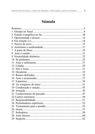 Divaldo Pereira Franco - Celeiro de Bênçãos - Pelo Espírito Joanna de Ângelis 3
Súmula
Proêmio........................................................................................ 5
1 Orando no Natal ....................................................................... 8
2 Estudo evangélico no lar ........................................................ 10
3 Oportunidade e desazo ........................................................... 12
4 Em relação a ti........................................................................ 14
5 Nascer de novo....................................................................... 15
6 Animismo e mediunidade....................................................... 17
7 A parte de Deus...................................................................... 19
8 Ante o estudo ......................................................................... 21
9 Neutralidade dinâmica............................................................ 23
10 Se perdoares ......................................................................... 25
11 Ante o sofrimento................................................................. 27
12 Ciladas ................................................................................. 29
13 Nós e Jesus........................................................................... 31
14 Desalento.............................................................................. 33
15 Rumos definidos................................................................... 35
16 Ante o testemunho................................................................ 37
17 Falatórios.............................................................................. 39
18 Ao compasso do amor .......................................................... 41
19 Condenação e sanção............................................................ 43
20 Irritação................................................................................ 45
21 Conhecimento do passado .................................................... 47
22 Liames retentores .................................................................. 49
23 Responsabilidade.................................................................. 51
24 Perturbadores espirituais ...................................................... 53
25 Treinamento para o perdão................................................... 55
26 Ironia.................................................................................... 57
27 Sofredores ............................................................................ 58
28 Ante ofensas......................................................................... 60
29 Suspeita................................................................................ 62
 