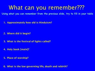 What can you remember???
Using what you can remember from the previous slide, try to fill in your table

1. Approximately how old is Hinduism?

2. Where did it begin?
3. What is the festival of lights called?
4. Holy book [main]?
5. Place of worship?
6. What is the law governing life, death and rebirth?

 