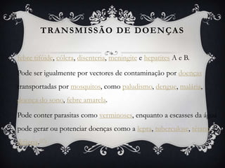TRANSMISSÃO DE DOENÇAS


febre tifóide, cólera, disenteria, meningite e hepatites A e B.

Pode ser igualmente por vectores de contaminação por doenças
transportadas por mosquitos, como paludismo, dengue, malária,
doença do sono, febre amarela.

Pode conter parasitas como verminoses, enquanto a escasses da água
pode gerar ou potenciar doenças como a lepra, tuberculose, tétano e
difteria.[17]
 
