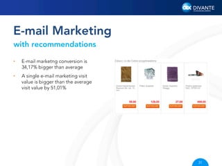 E-mail Marketing
with recommendations
• 

E-mail marketng conversion is
34,17% bigger than average

• 

A single e-mail marketing visit
value is bigger than the average
visit value by 51,01%

31

 