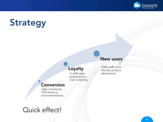 Strategy

New users
Loyalty
11,45% sales
powered by email marketing

120% trafﬁc from
the new product
descriptions

Conversion
Sales increase by
12% thanks to
recommendations

Quick effect!
44

 